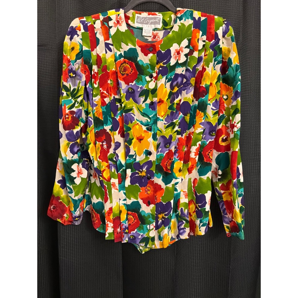 Pat Argenti Collection Vintage 100% Silk Floral Pleated Blouse Multi Color Sz 8